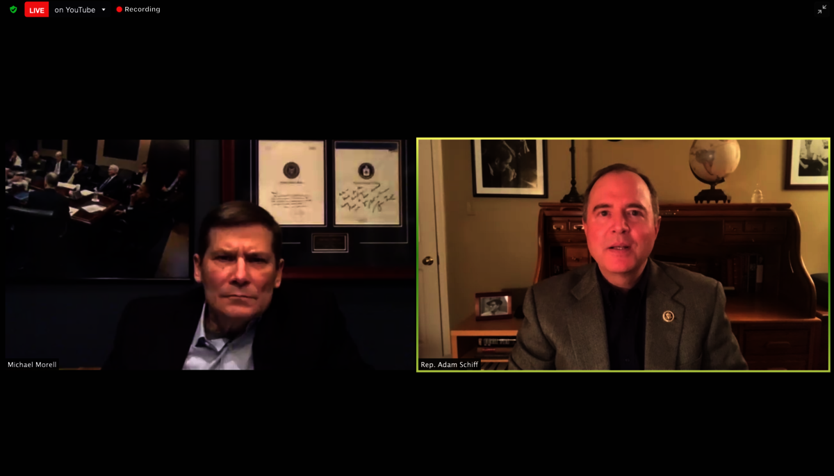 Screenshot of Michael Morell and Adam Schiff speaking during a virtual event
