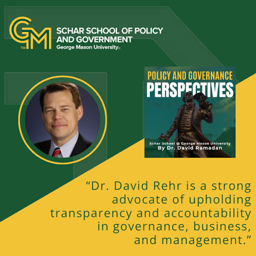 A man with a black suit, white collared shit and a red tie on the right side along with the quote "Dr. David Rehr is a strong advocate of upholding transparency and accountability in governance, business, and management."