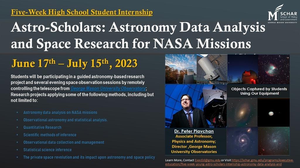 Astro-Scholars: Astronomy Data Analysis and Space Research for NASA Missions flyer displaying the event date, June 17th-July 15th, 2023 along with additional information about the program