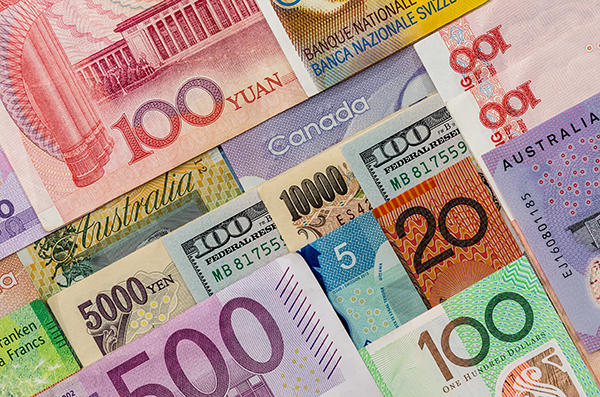 Yuan, dollars, euro, and yen banknotes displayed for international currencies 